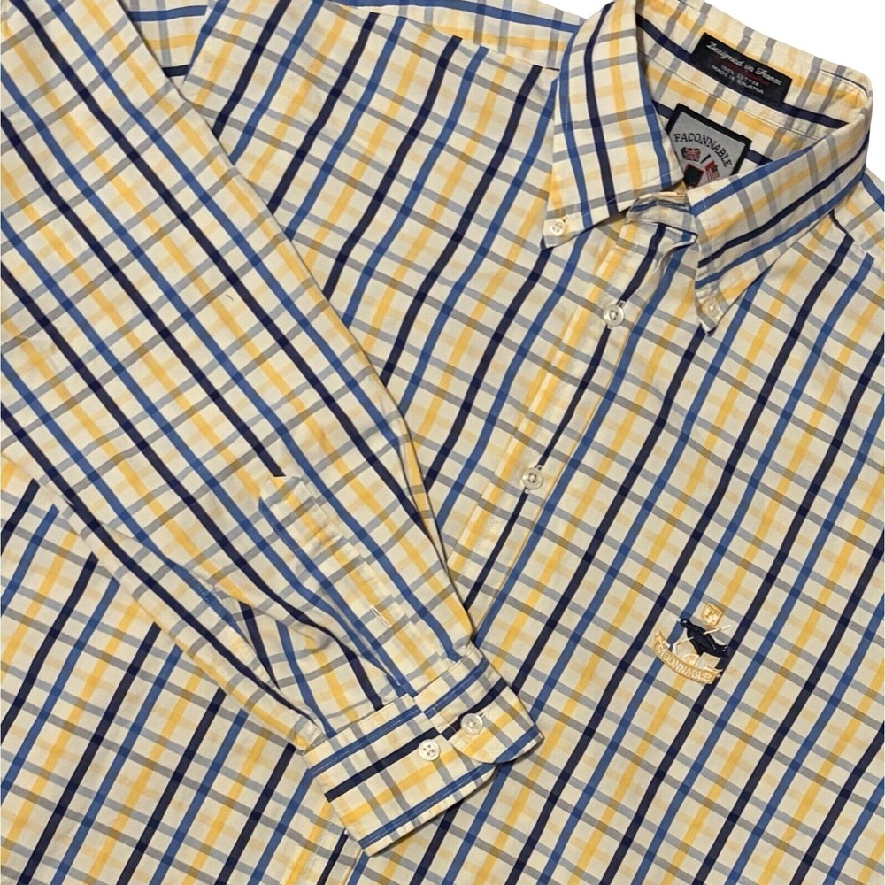 Faconnable Mens Button Up Shirt Plaid Medium LS Cotton French Preppy Classic EUC